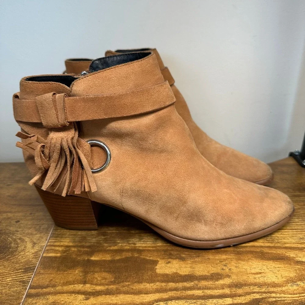 Rebecca‎ Minkoff Womens Tan Suede Fringe Ankle Boots Stacked Heel Size 8.5M